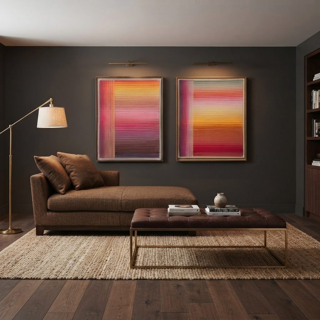 Chaise CH 303 em tecido mocha, numa sala de estar com parede escura, obras coloridas e tapete de fibra natural.