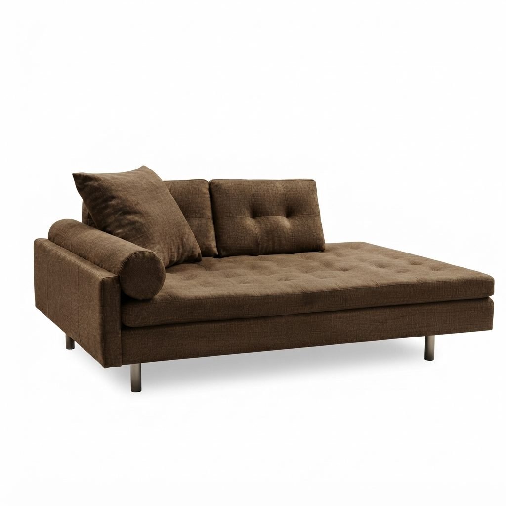 Chaise CH 307 em tecido marrom texturizado, com almofada solta no encosto, vista de três quartos em fundo branco.