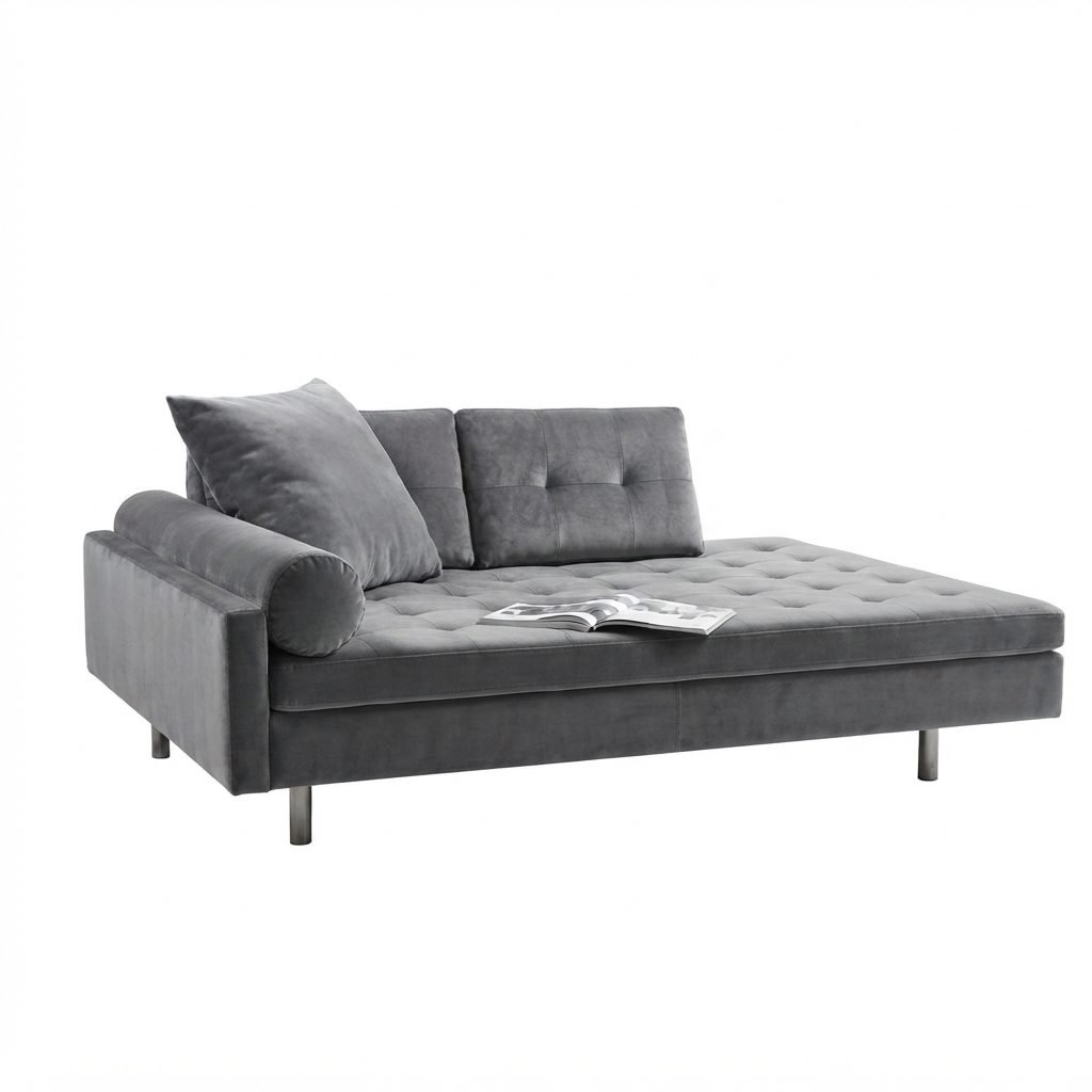 Chaise CH 307 em veludo cinza, vista lateral em fundo branco.