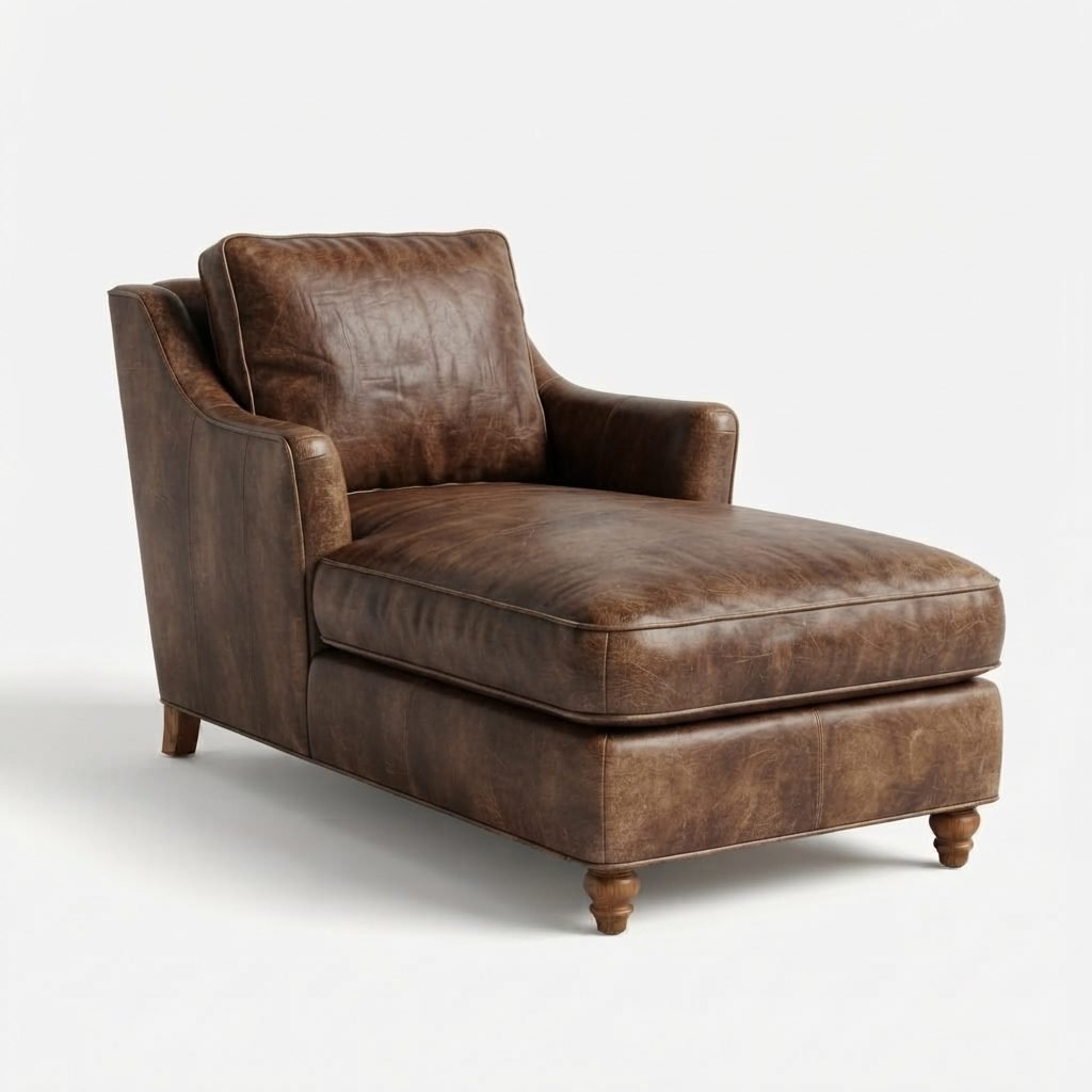 Chaise CH 323 em couro marrom envelhecido com textura rústica, braço curvo baixo e pés torneados, vista de três quartos.