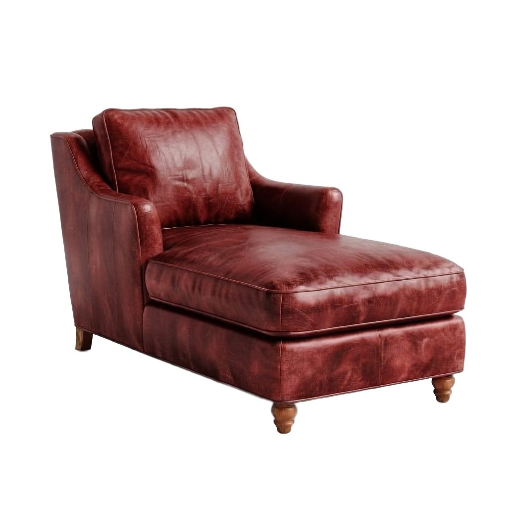 Chaise CH 323 em couro vermelho tijolo, braço curvo baixo e pés torneados em madeira clara, vista de três quartos em fundo neutro.