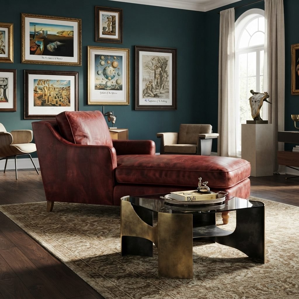 Chaise CH 323 em couro vermelho tijolo, ambientada em sala com parede verde-petróleo, quadros emoldurados e mesa de centro.