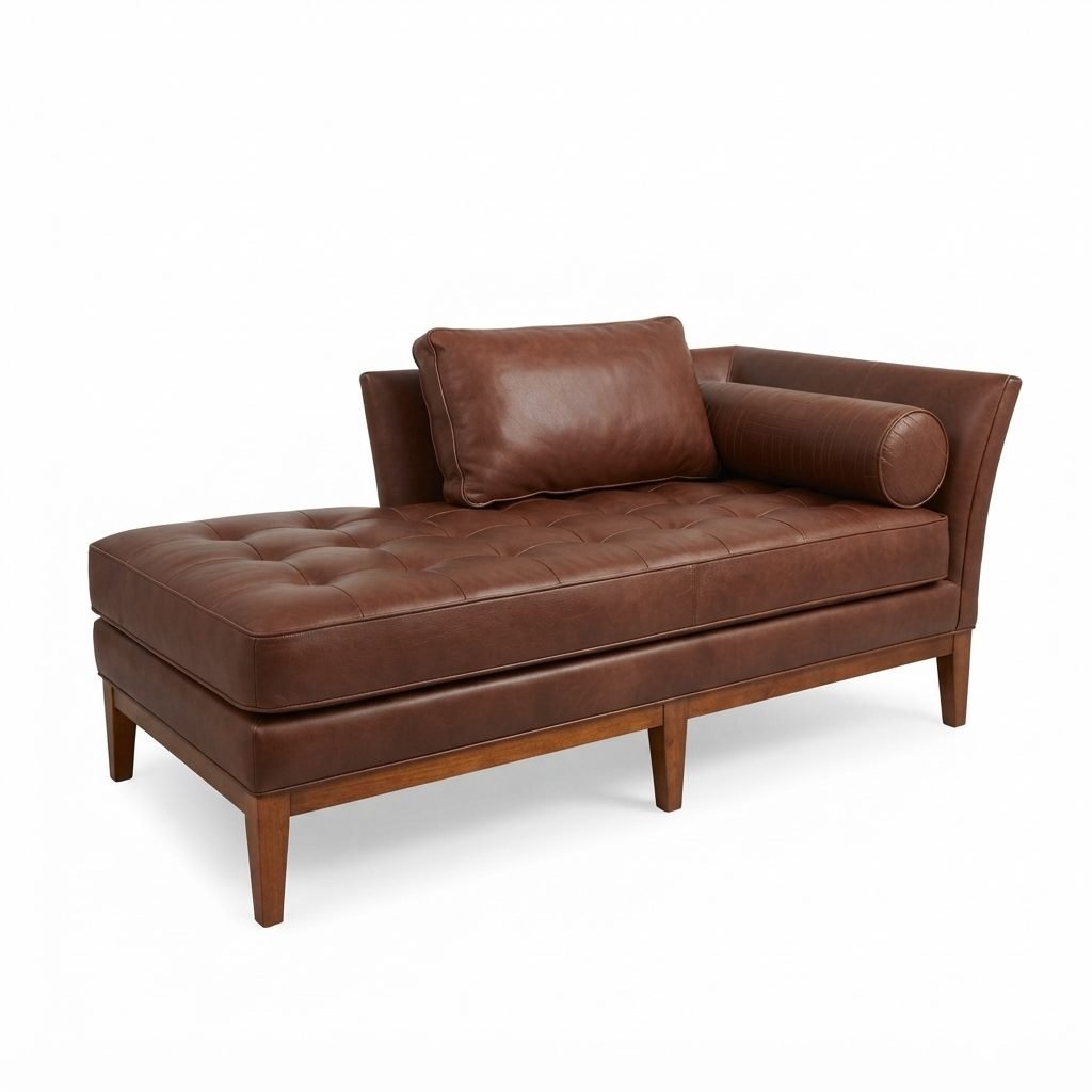 Chaise CH 326 em couro marrom liso, assento capitonê e almofadas soltas, vista de três quartos em fundo neutro.