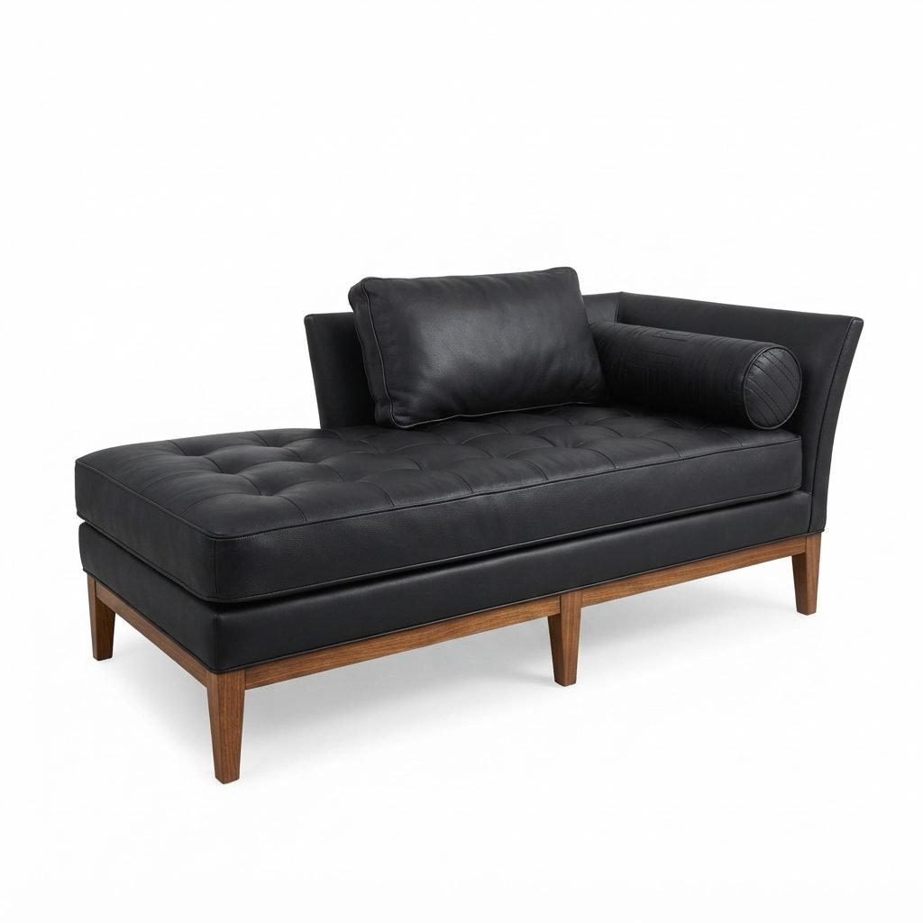 Chaise CH 326 em couro preto, encosto inclinado com braço lateral alto, vista de três quartos em fundo neutro.