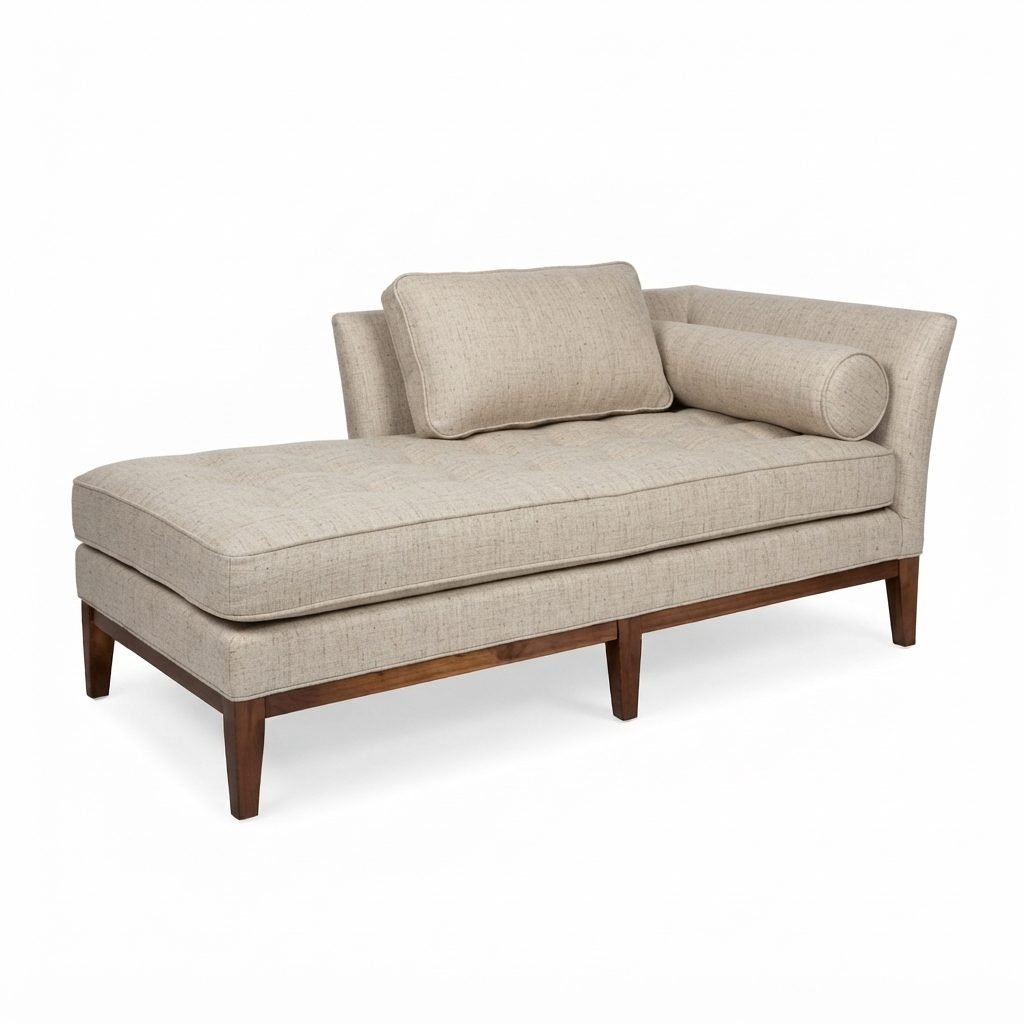 Chaise CH 326 em linho bege, assento capitonê e almofada solta com rolo lateral, vista de três quartos em fundo neutro.