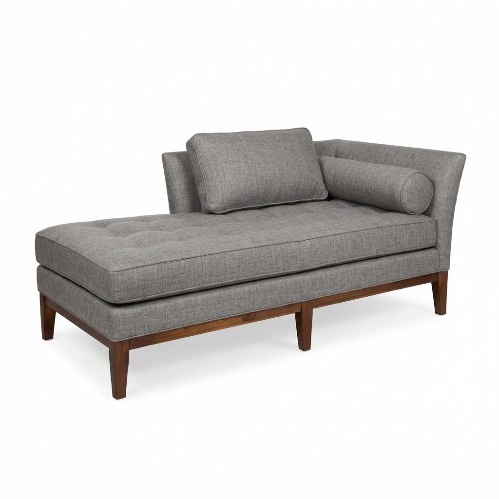 Chaise CH 326 em linho cinza mesclado, braço lateral curvo e base em madeira, vista de três quartos em fundo neutro.