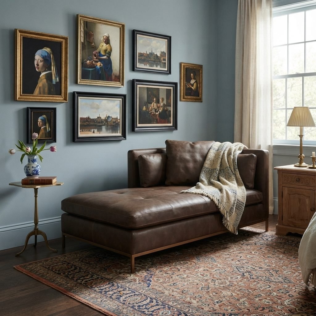 Chaise CH 352 em couro marrom escuro num quarto azul-acinzentado, com galeria de quadros clássicos e tapete persa no chão.