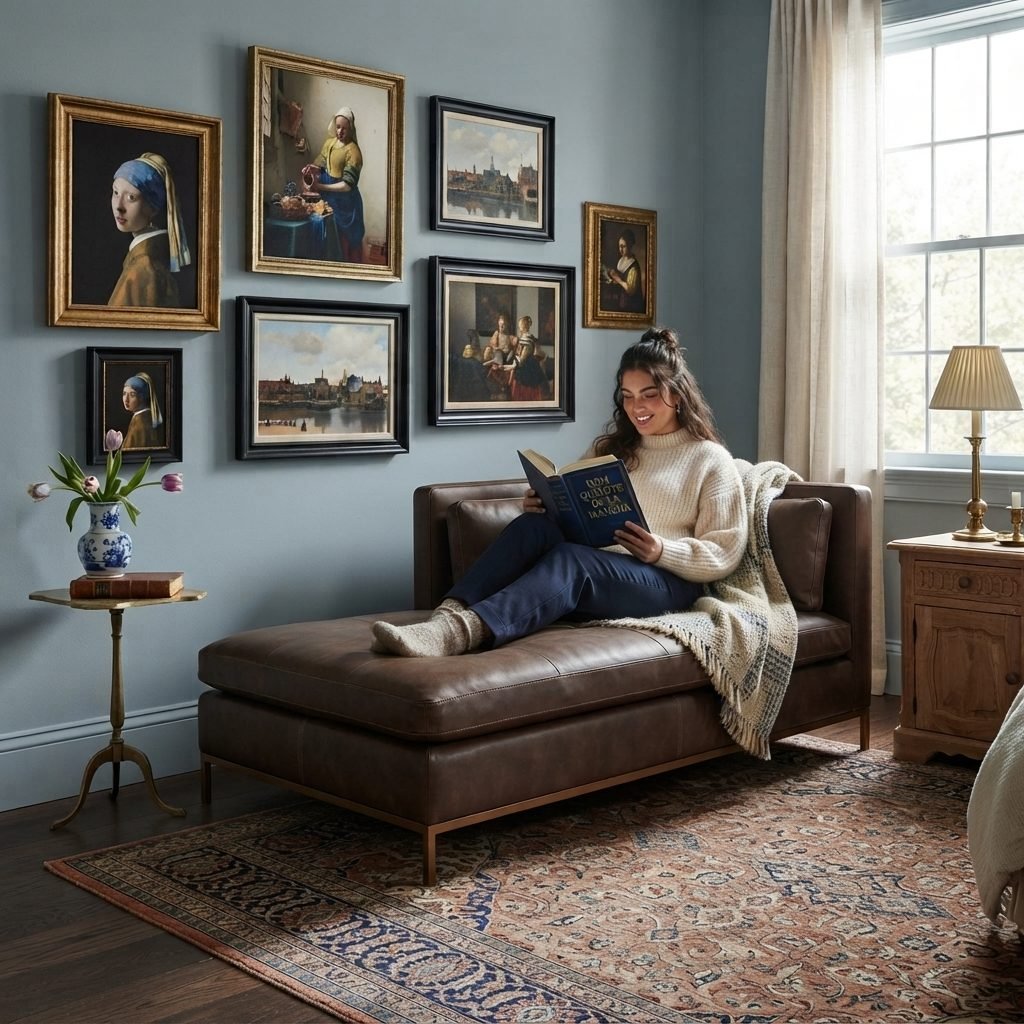 Chaise CH 352 em couro marrom escuro, com uma mulher sentada lendo um livro, num quarto com galeria de quadros clássicos.