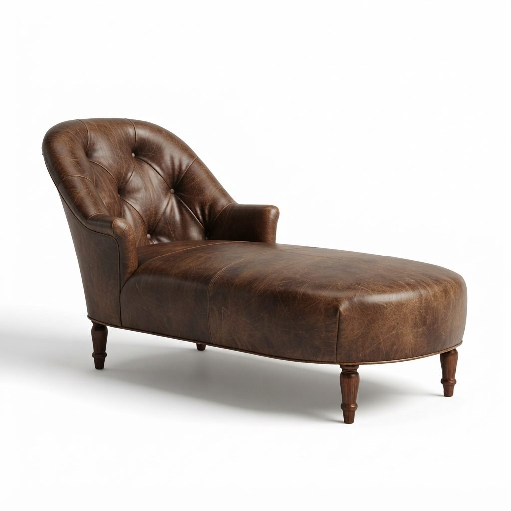Chaise CH 376 estofada em couro caramelo com encosto capitonê, braço lateral arredondado e pés torneados em madeira, vista de três quartos.