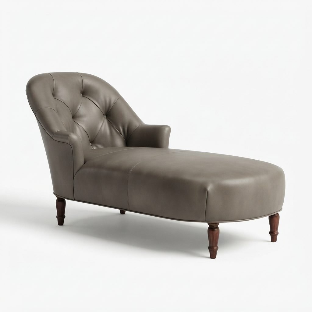 Chaise CH 376 estofada em couro cinza grafite com encosto capitonê, braço lateral e pés torneados em madeira, vista de três quartos.