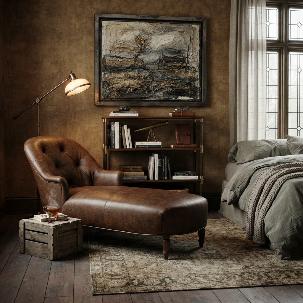 Chaise CH 376 em couro caramelo dentro de um quarto rústico, ao lado de estante com livros e luminária de piso acesa.