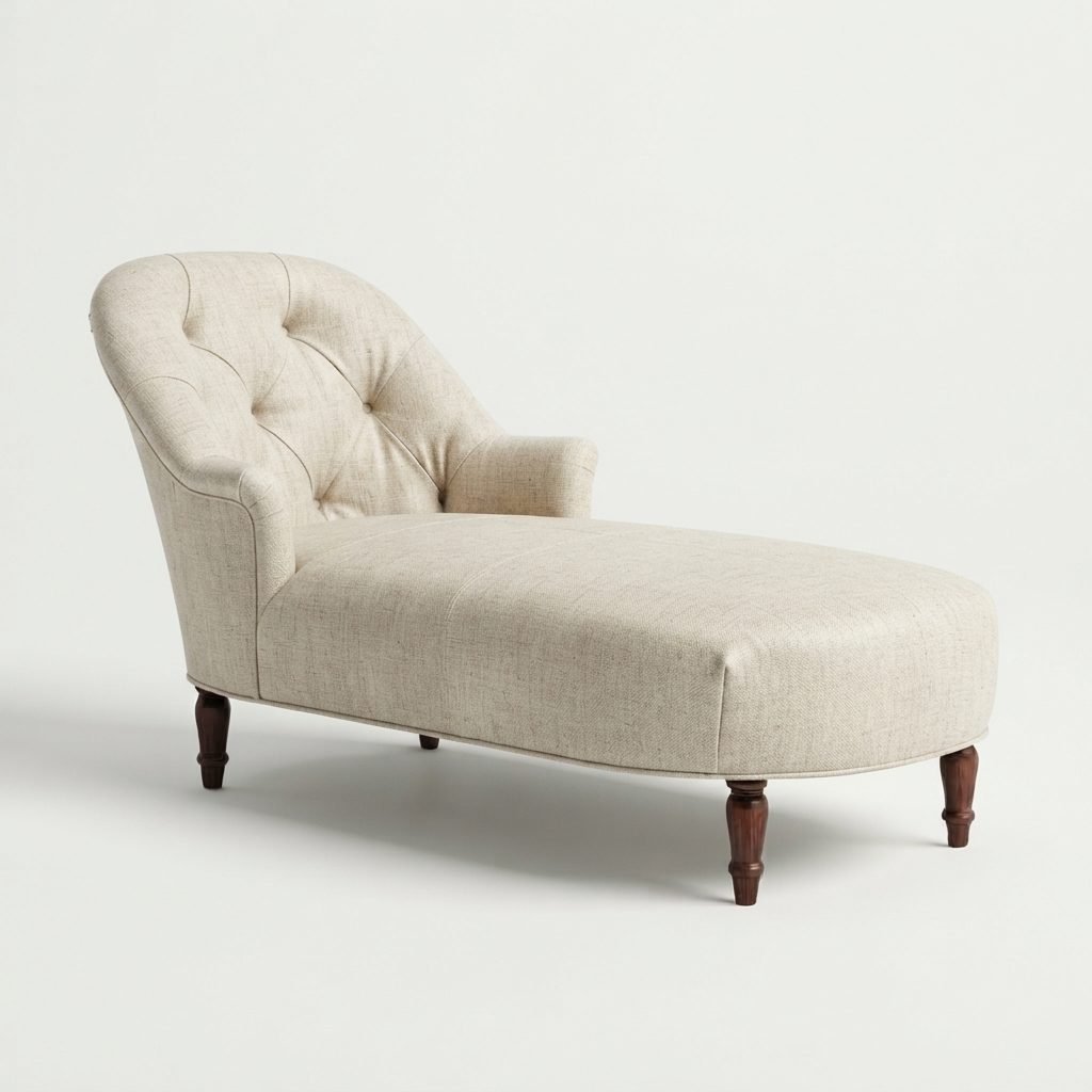 Chaise CH 376 estofada em linho bege claro com encosto capitonê, braço lateral e pés torneados em madeira, vista de três quartos.