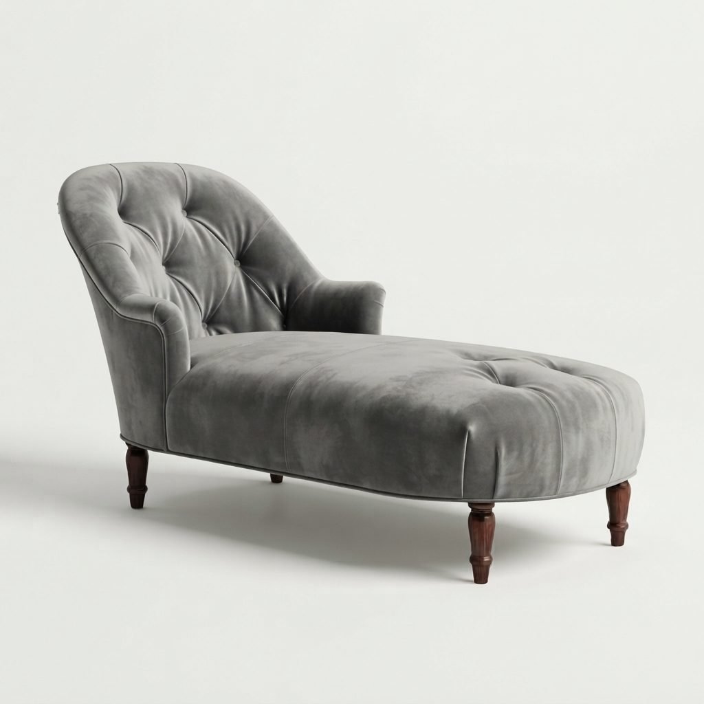Chaise CH 376 estofada em veludo cinza com encosto capitonê, braço lateral e pés torneados em madeira escura, vista de três quartos.
