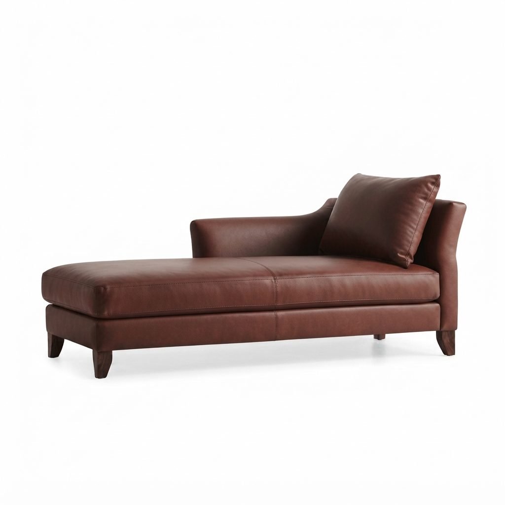 Chaise CH 386 em couro marrom escuro, estrutura estofada com costura aparente, vista de três quartos em fundo branco.