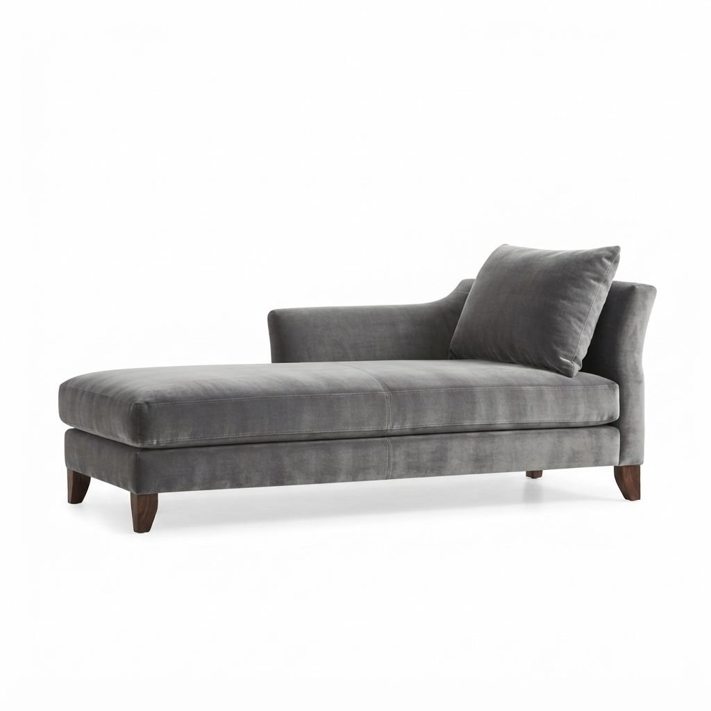 Chaise CH 386 em veludo cinza, braço inclinado e almofada solta no encosto, vista de três quartos em fundo branco.
