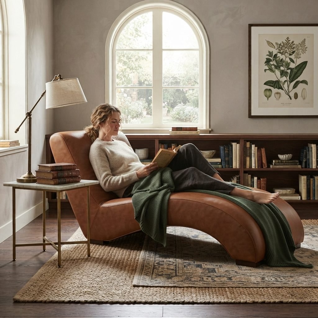 Chaise CH 394 em couro caramelo, com uma mulher deitada lendo um livro, numa biblioteca com estante e tapete natural.