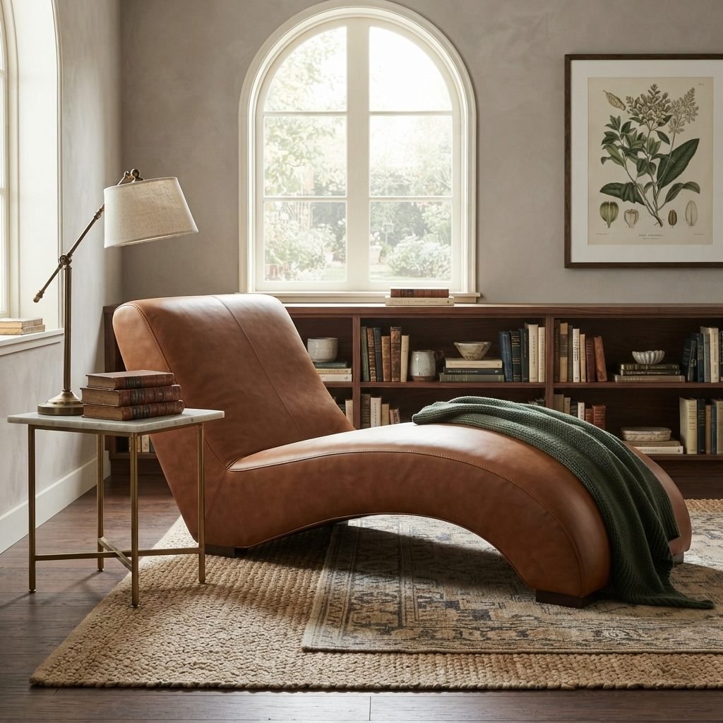 Chaise CH 394 em couro caramelo, numa biblioteca com estante de livros, luminária de piso e tapete de fibra natural.