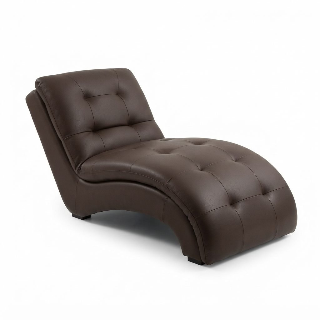 Chaise CH 399 em couro marrom escuro com estrutura curva em S e assento capitonê, pés baixos em madeira, vista de três quartos.
