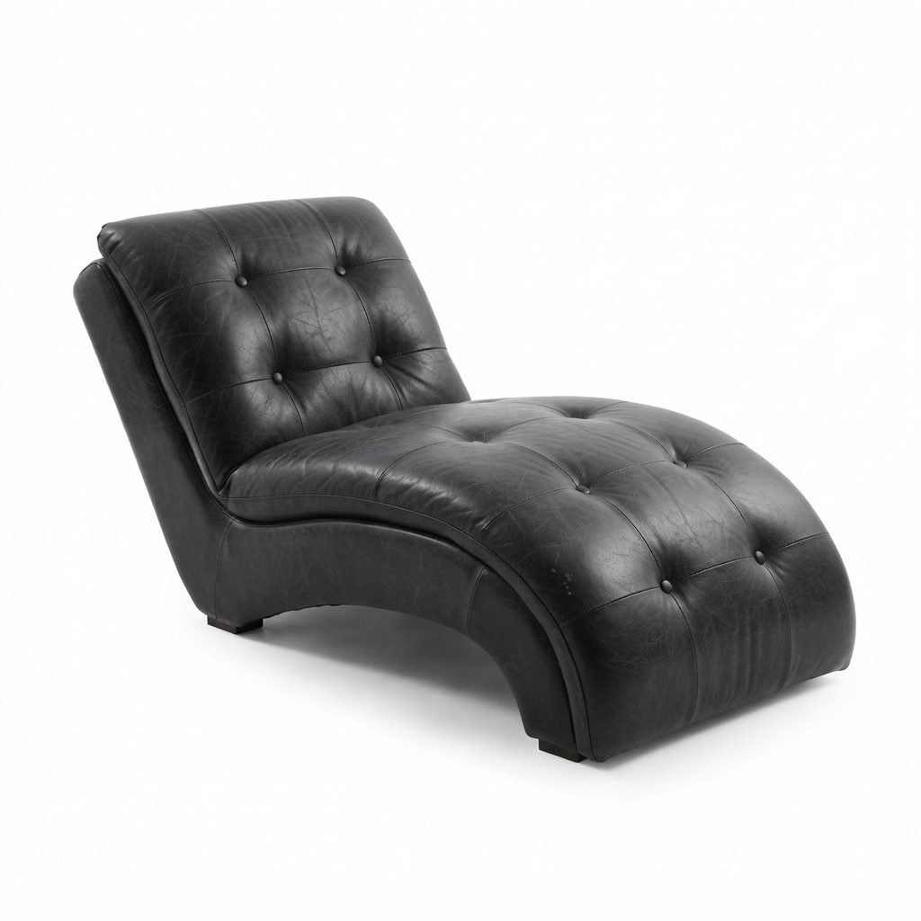 Chaise CH 399 em couro preto com estrutura curva em S e assento capitonê, pés baixos em madeira escura, vista de três quartos.