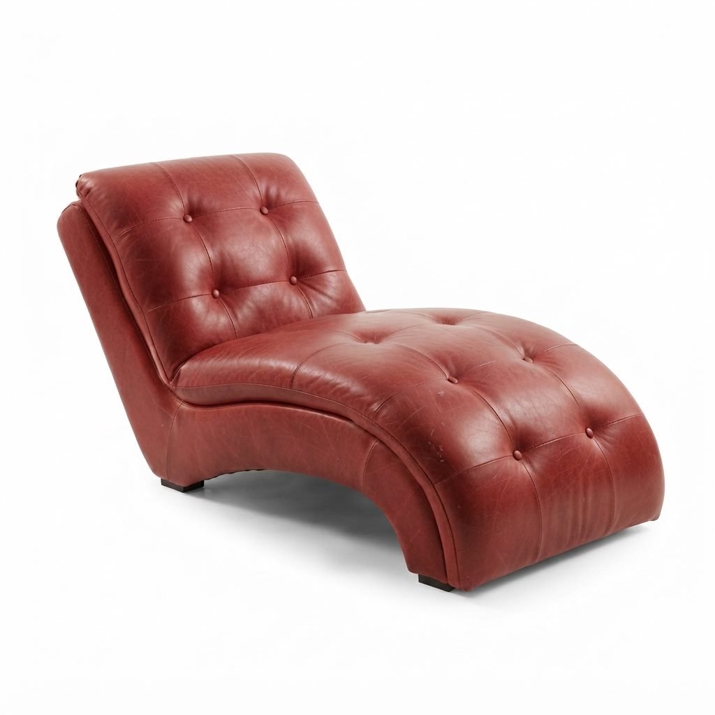 Chaise CH 399 em couro vermelho envelhecido com curva em S e assento capitonê, pés baixos em madeira escura, vista de três quartos.
