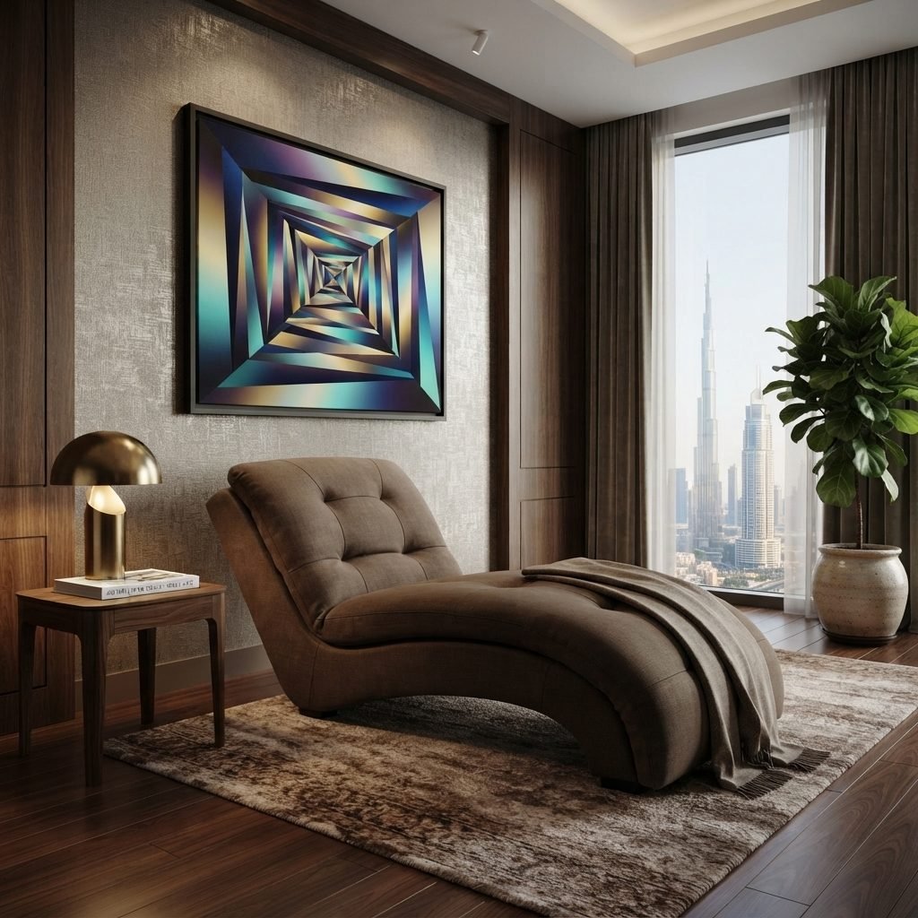 Chaise CH 399 em linho marrom-caramelo dentro de um quarto sofisticado, com manta sobre o assento e vista da cidade ao fundo.