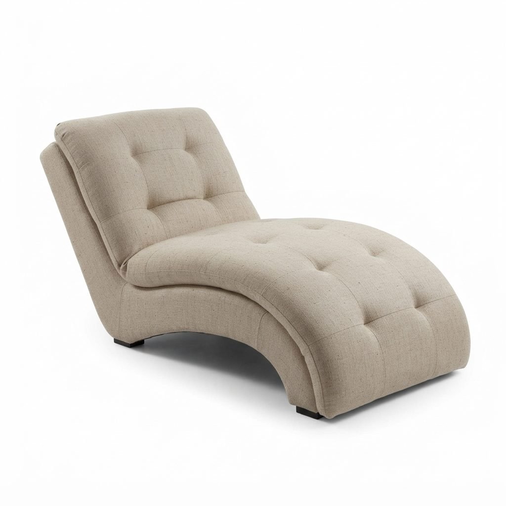 Chaise CH 399 em linho bege claro com estrutura curva em S e acabamento capitonê no assento, vista de três quartos.