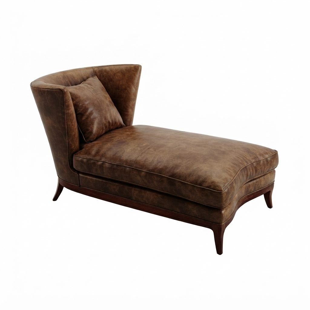 Chaise CH 400 estofada em couro conhaque com encosto em leque, almofada avulsa e base em madeira torneada, vista de três quartos.