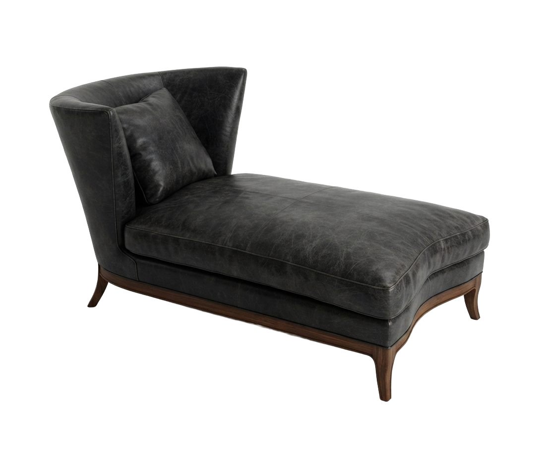 Chaise CH 400 estofada em couro grafite com encosto em leque, almofada avulsa e base em madeira torneada, vista de três quartos.