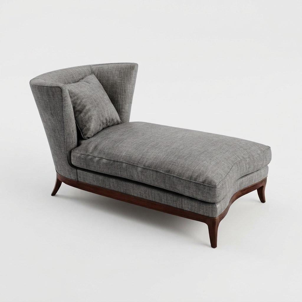 Chaise CH 400 estofada em tecido cinza com encosto em leque, almofada avulsa e base em madeira torneada, vista de três quartos.