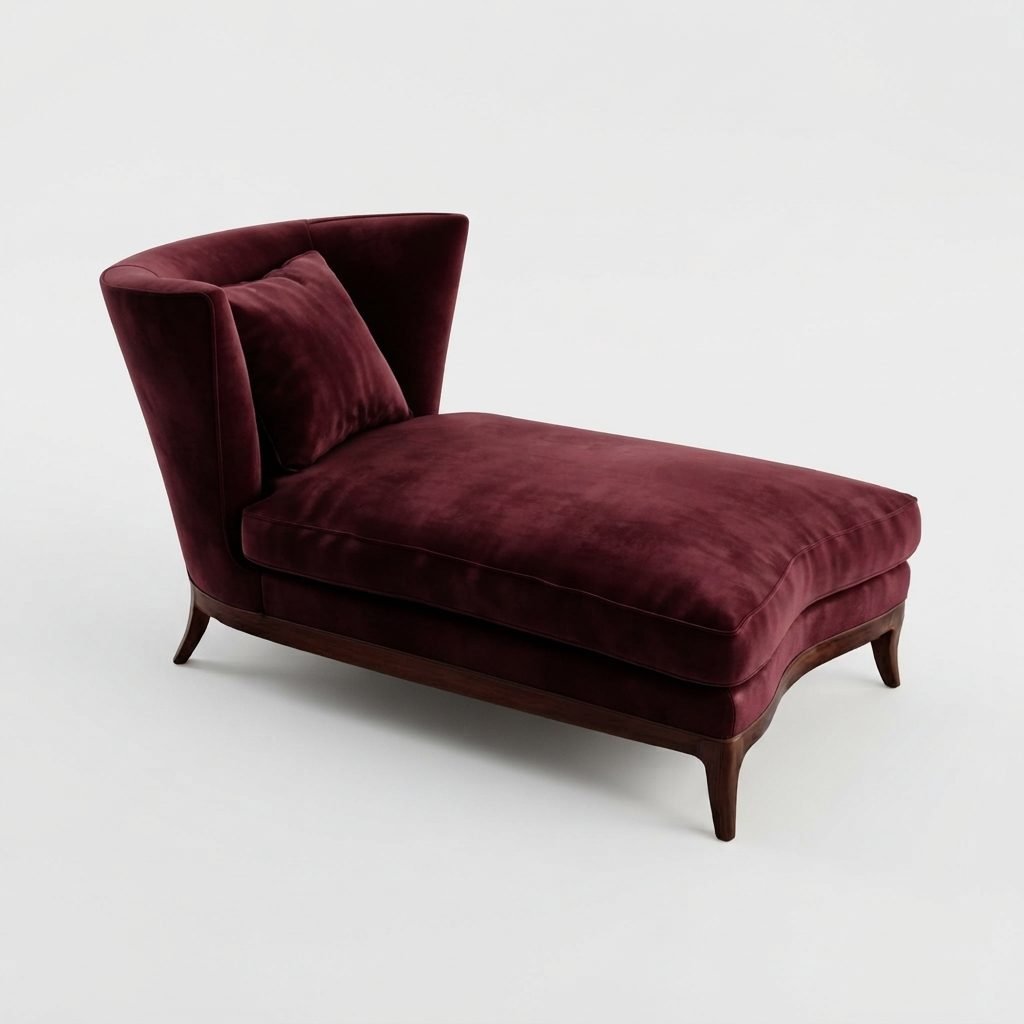 Chaise CH 400 estofada em veludo bordô com encosto em leque, almofada avulsa e base em madeira torneada, vista de três quartos.