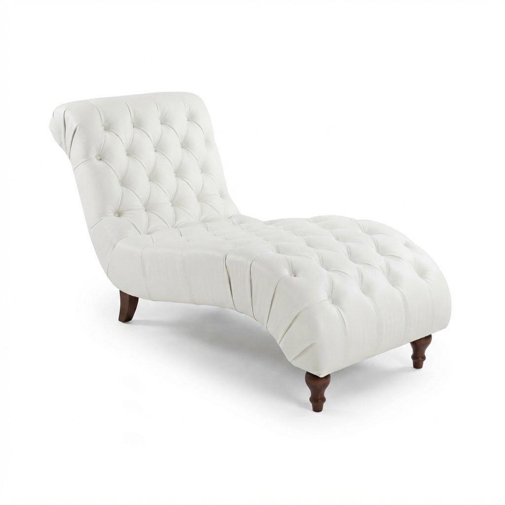 Chaise CH 401 em courino branco, encosto rolê capitonê e pés torneados em madeira escura, vista de três quartos em fundo branco.