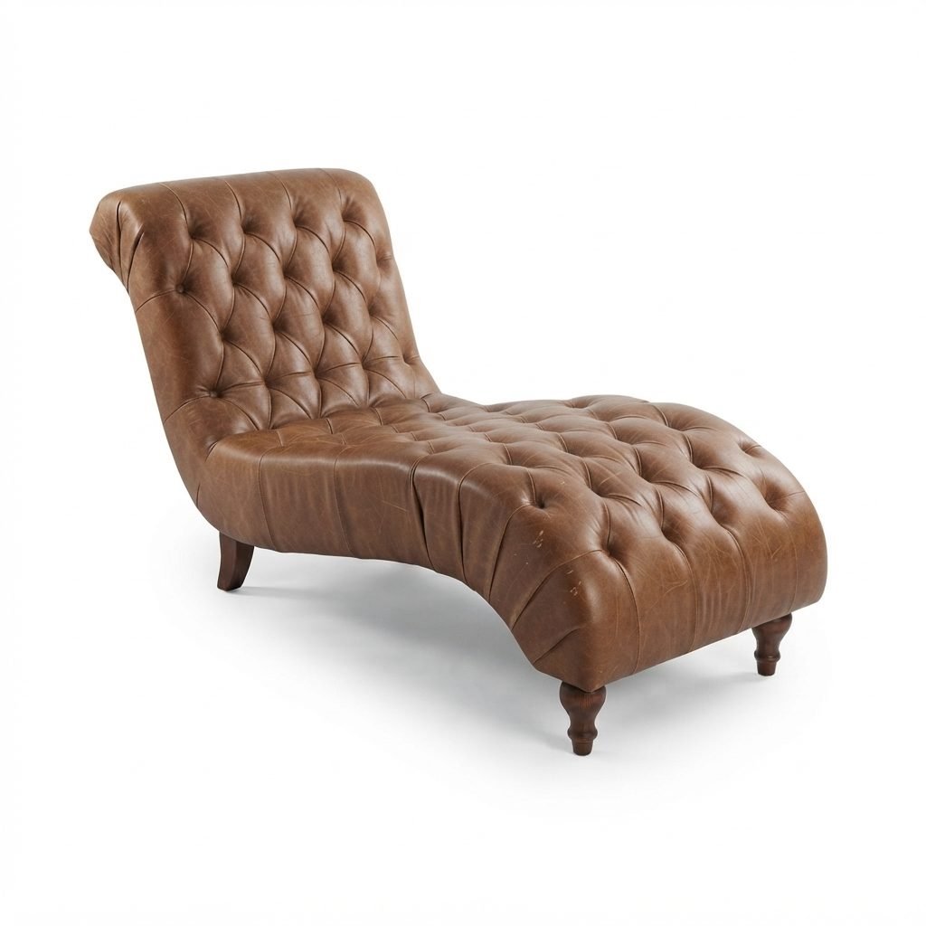 Chaise CH 401 em couro marrom médio, encosto rolê capitonê e pés torneados em madeira escura, vista de três quartos em fundo branco.