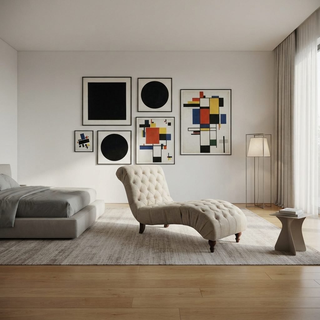 Chaise CH 401 em linho bege, num quarto claro com cama cinza, tapete bege e parede com quadros modernistas geométricos.