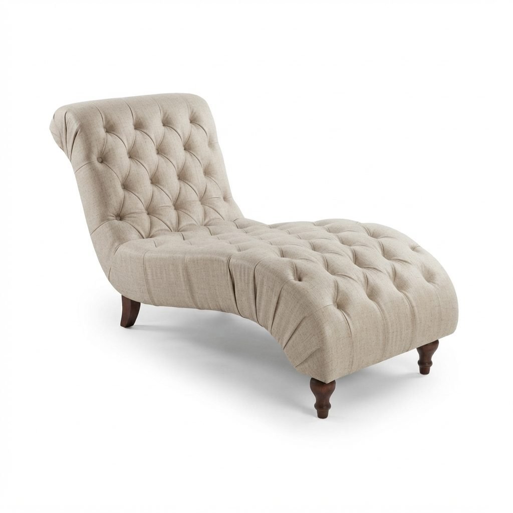 Chaise CH 401 em linho bege claro, encosto rolê capitonê e pés torneados em madeira escura, vista de três quartos em fundo branco.