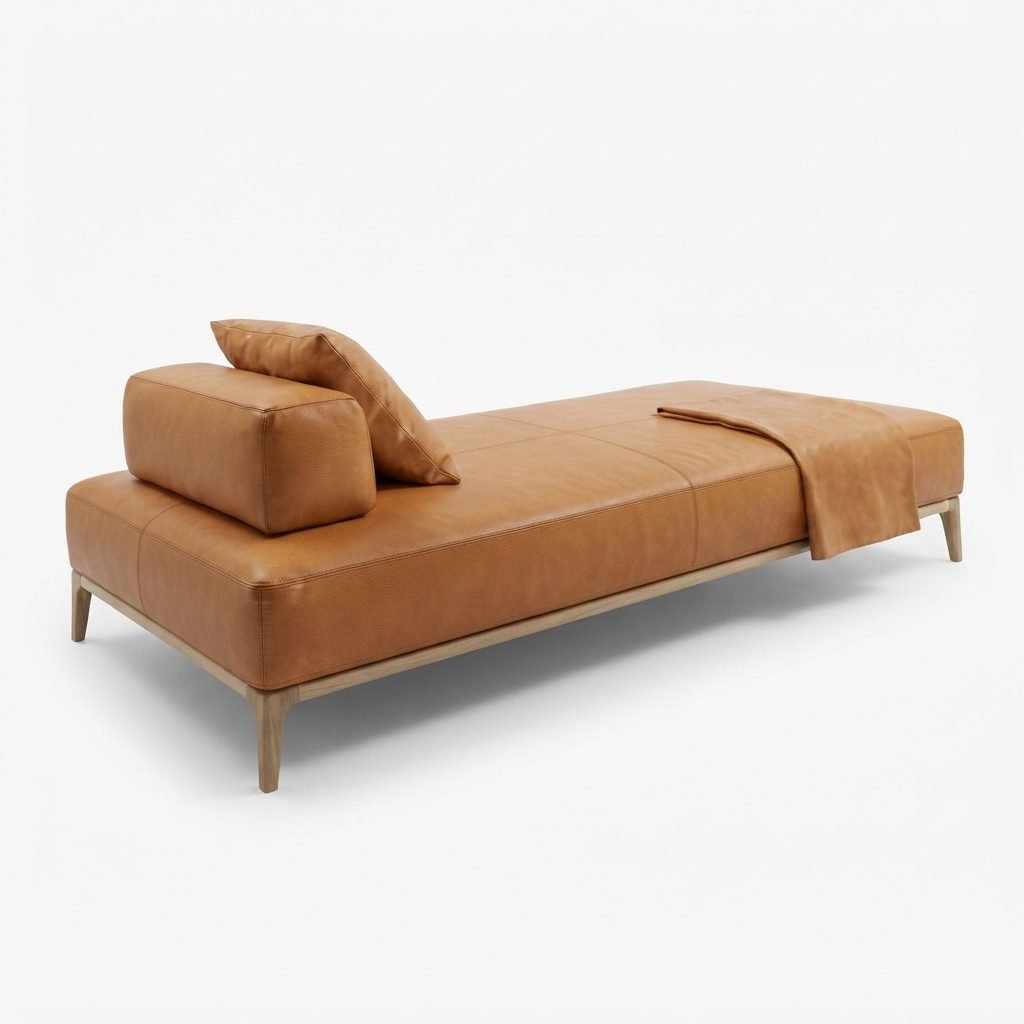 Chaise CH 402 em couro caramelo com almofada solta, manta clara dobrada sobre o assento e base em madeira clara torneada.