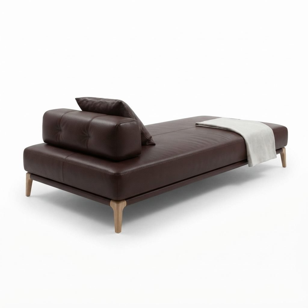 Chaise CH 402 em couro marrom-chocolate com almofada solta, manta clara dobrada aos pés e base em madeira clara torneada.