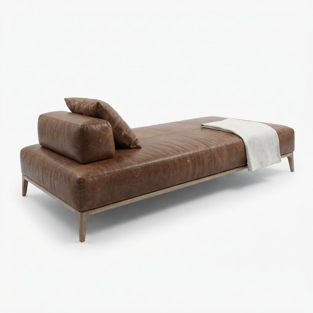 Chaise CH 402 em couro marrom envelhecido com textura de rugas naturais, almofada solta e manta dobrada sobre o assento.