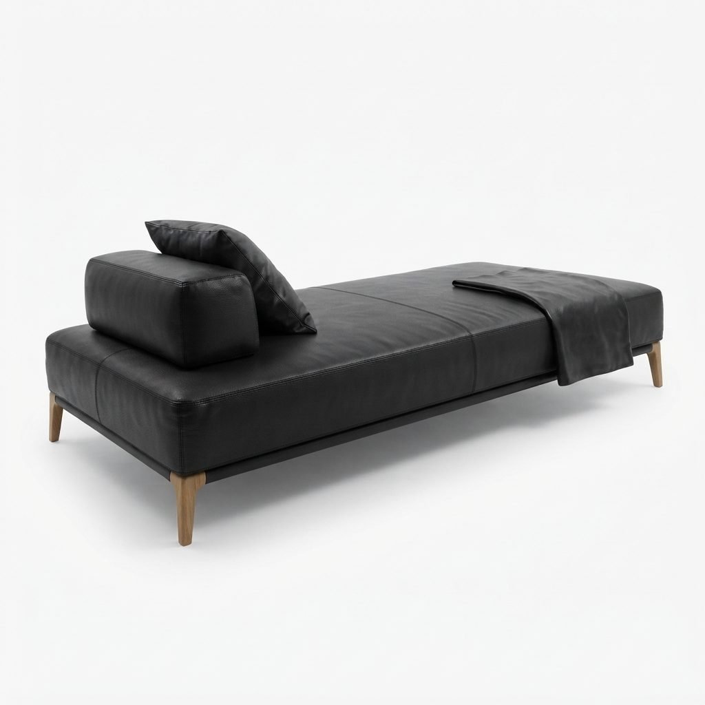 Chaise CH 402 em couro preto com almofada solta, manta clara dobrada sobre o assento e base em madeira clara torneada.