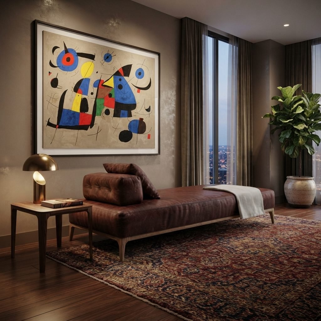 Chaise CH 402 em couro bordô dentro de um quarto, sob quadro colorido, ao lado de mesa com luminária e tapete persa.