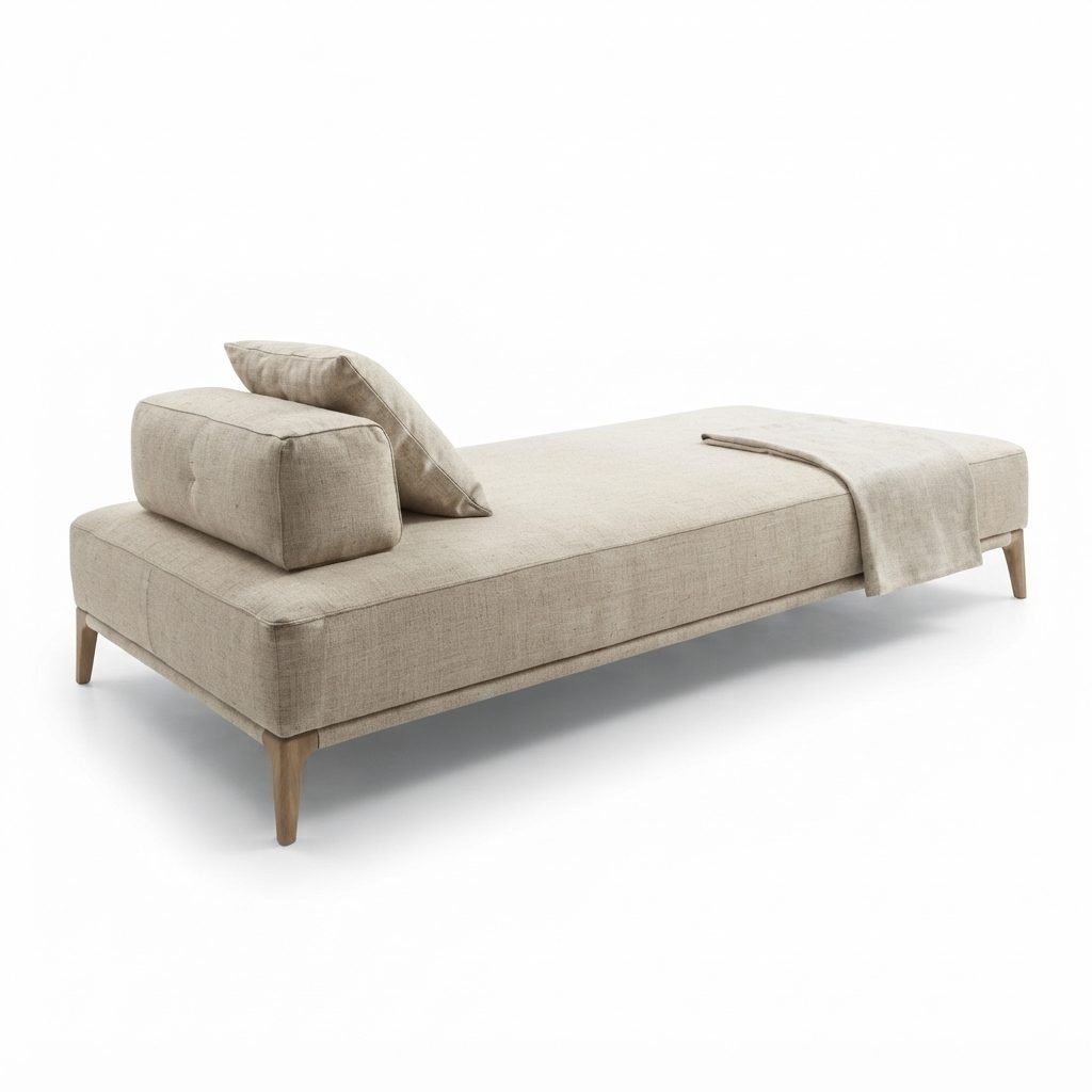 Chaise CH 402 em linho bege natural com almofada solta, manta dobrada sobre o assento e pés de madeira clara torneados.