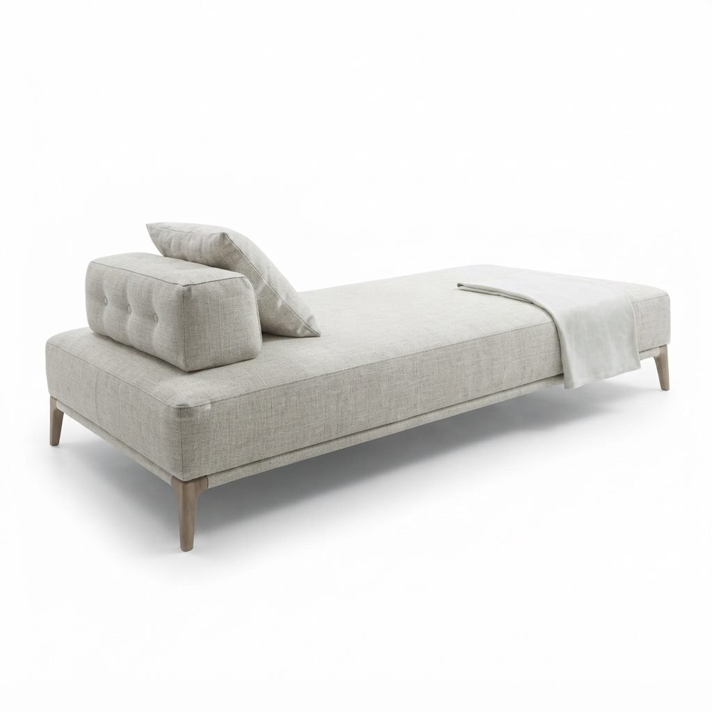 Chaise CH 402 em linho cinza-claro com almofada solta, manta dobrada aos pés e base em madeira clara torneada.