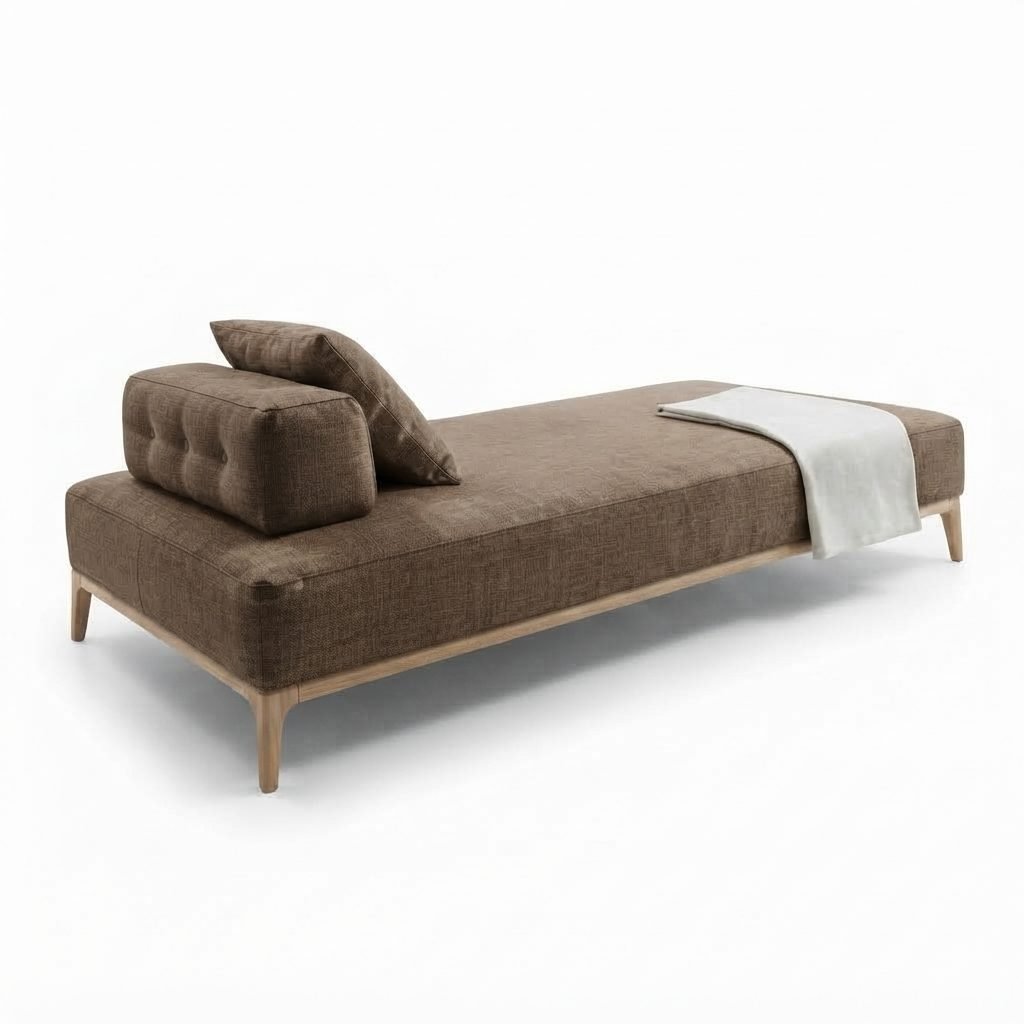 Chaise CH 402 em tecido taupe acinzentado com almofada solta, manta clara dobrada aos pés e base em madeira clara torneada.