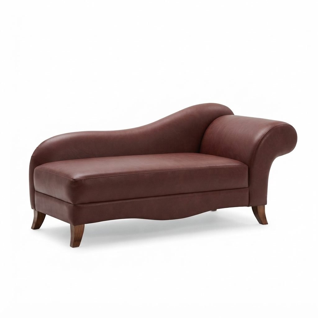 Chaise Cleopatra em couro bordô, com braço arredondado alto e pés curvos de madeira escura, vista de três quartos, fundo branco.