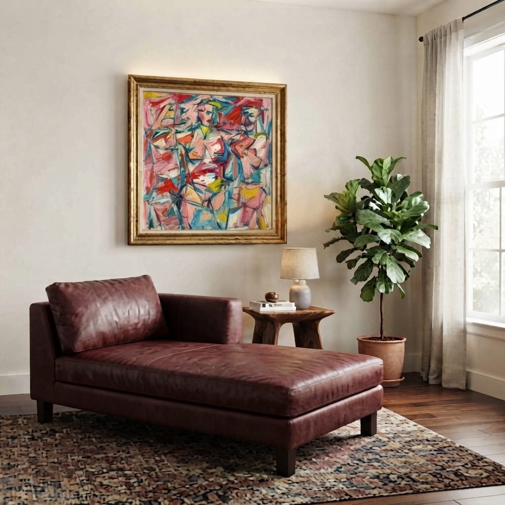 Chaise Daniela em couro bordô, numa sala de estar com quadro abstrato colorido, planta e tapete estampado.