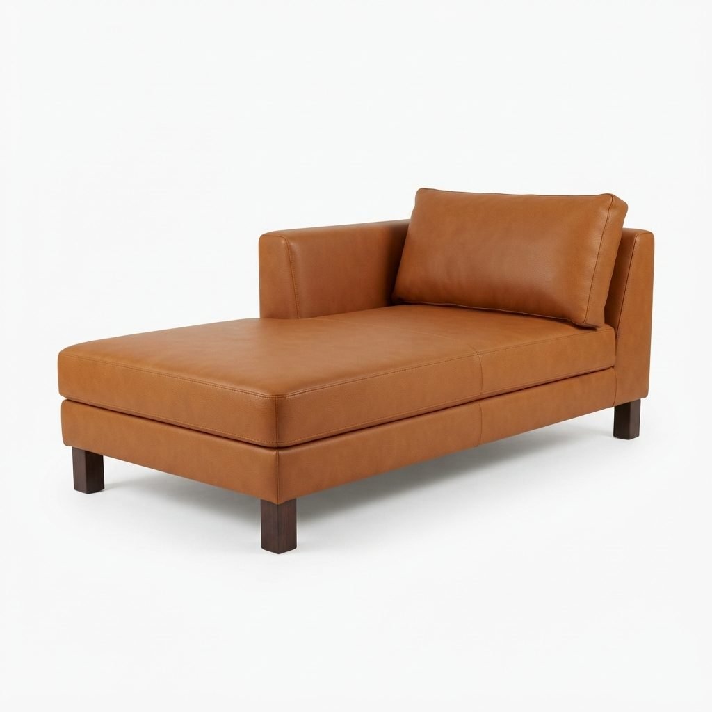 Chaise Daniela em couro caramelo, braço lateral anguloso e almofada lombar solta, vista de três quartos em fundo branco.
