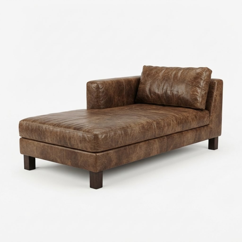 Chaise Daniela em couro marrom envelhecido, pés de madeira em bloco e almofada lombar solta, vista de três quartos em fundo branco.