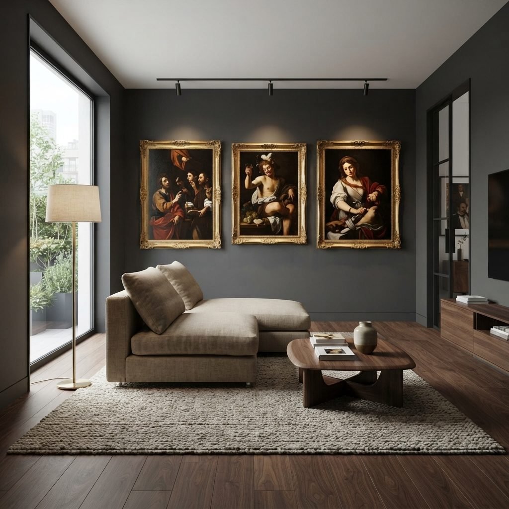 Chaise Josi em tecido bege numa sala de estar escura, ladeada por quadros clássicos emoldurados e mesa de centro de madeira.