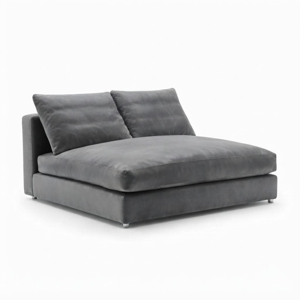 Chaise Josi em veludo cinza, sem braços, almofadas de encosto soltas e pés metálicos baixos, vista de três quartos.