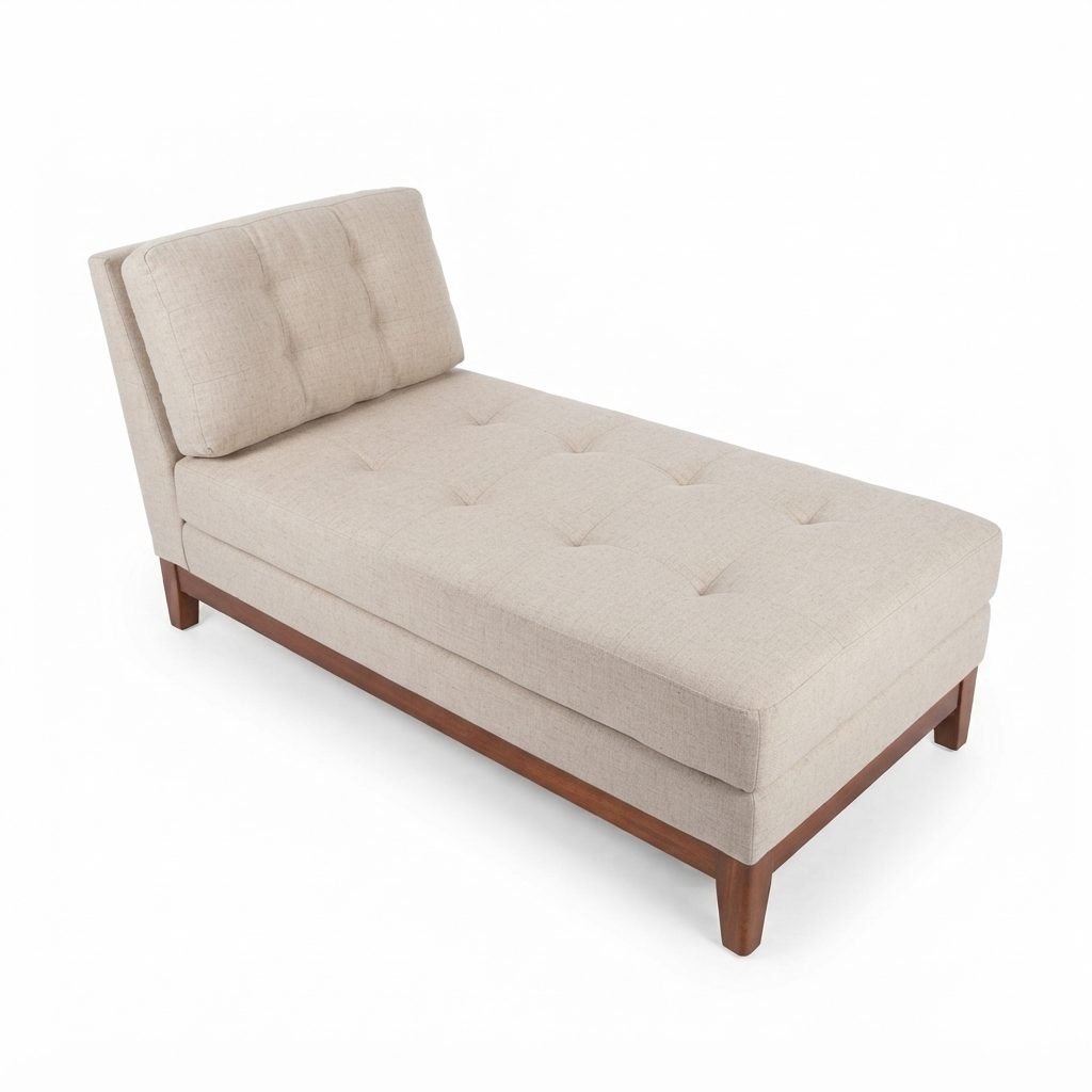 Chaise Larissa em linho bege claro, encosto capitonê e base em madeira, chaise longue sem braços vista de três quartos em fundo branco.