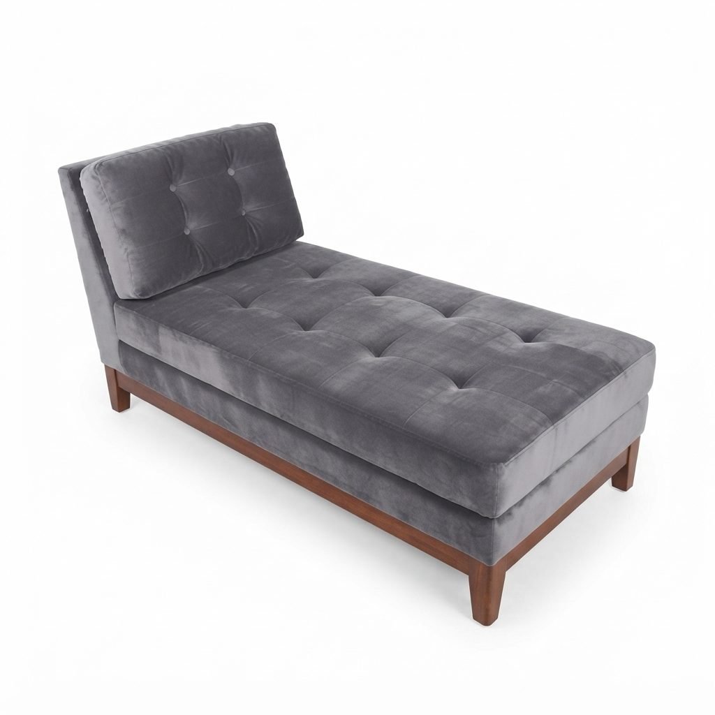 Chaise Larissa em veludo cinza-chumbo, encosto capitonê e base em madeira escura, vista de três quartos em fundo branco.
